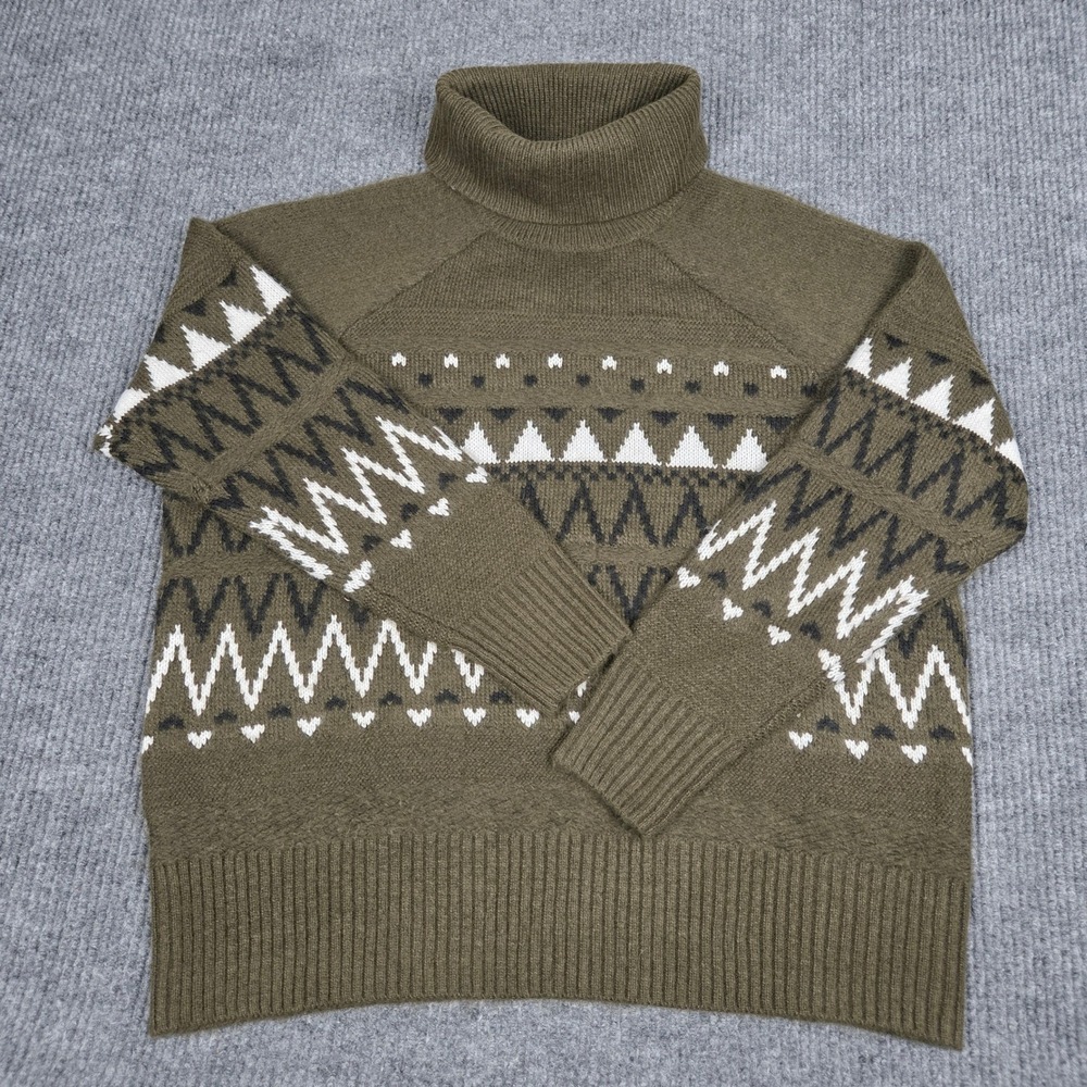 Wonderly Women XL Olive Green Fair Isle Turtleneck Sweater Geometric Knit Raglan
